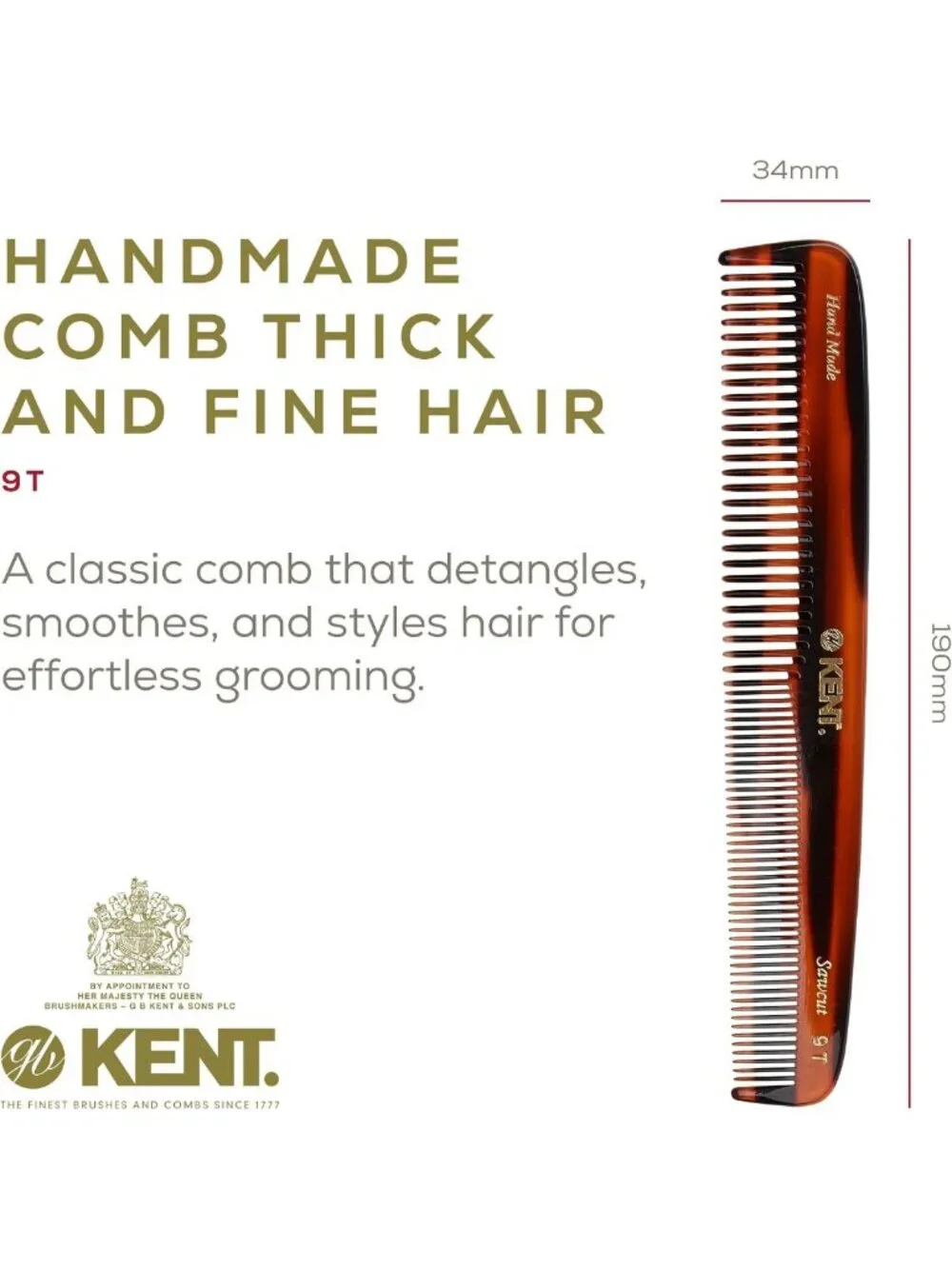 Large Tortoiseshell Detangling Comb - Handmade Fine & Wide Tooth for Wet Hair